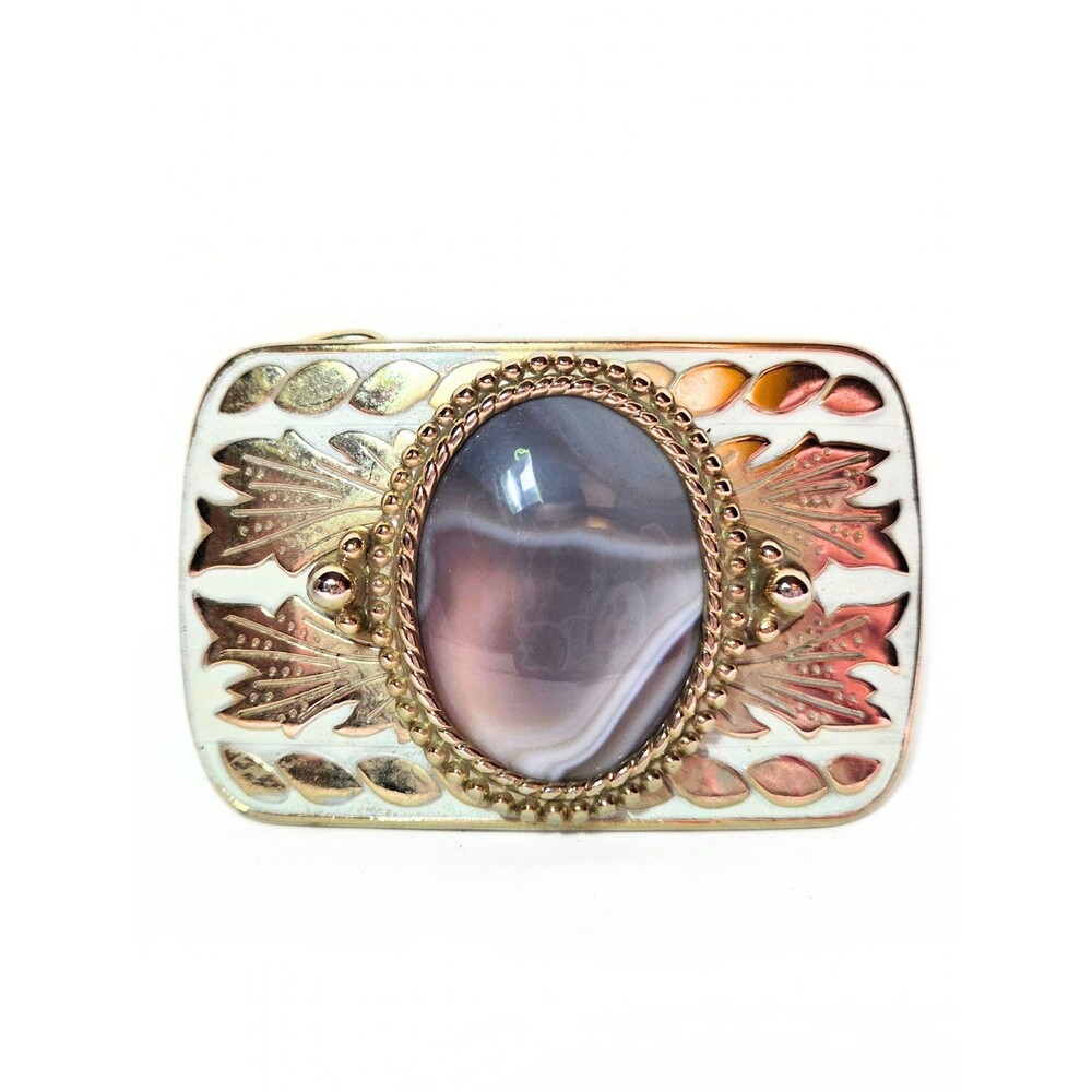 Vintage Western Belt Buckle Gray Banded Agate Stone Gold Tone Rectangular